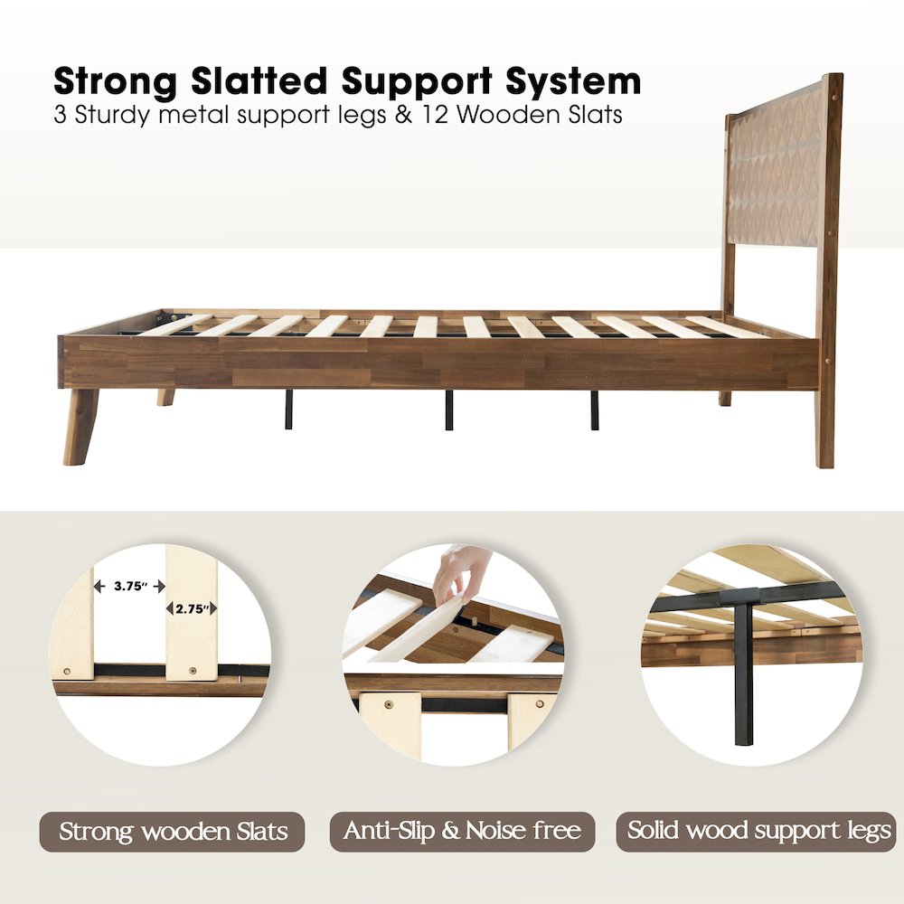 King Wooden Platform Bed Frame, Walnut Finish, Morden Style. Picture 3