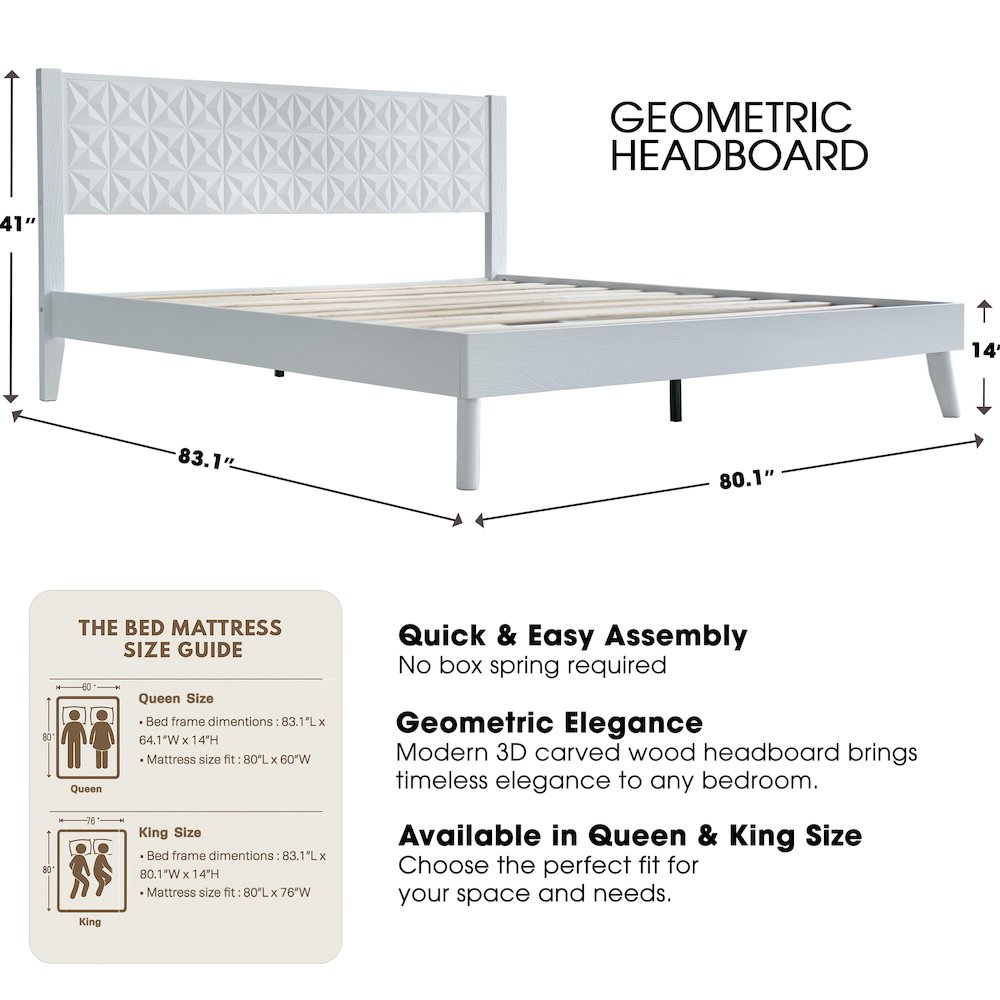 King Wooden Platform Bed Frame, Pure White Finish, Morden Style. Picture 2