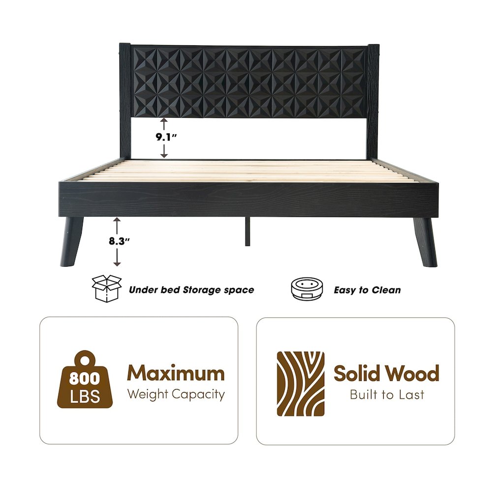 Queen Wooden Platform Bed Frame, Ebony Oak Finish, Morden Style. Picture 1