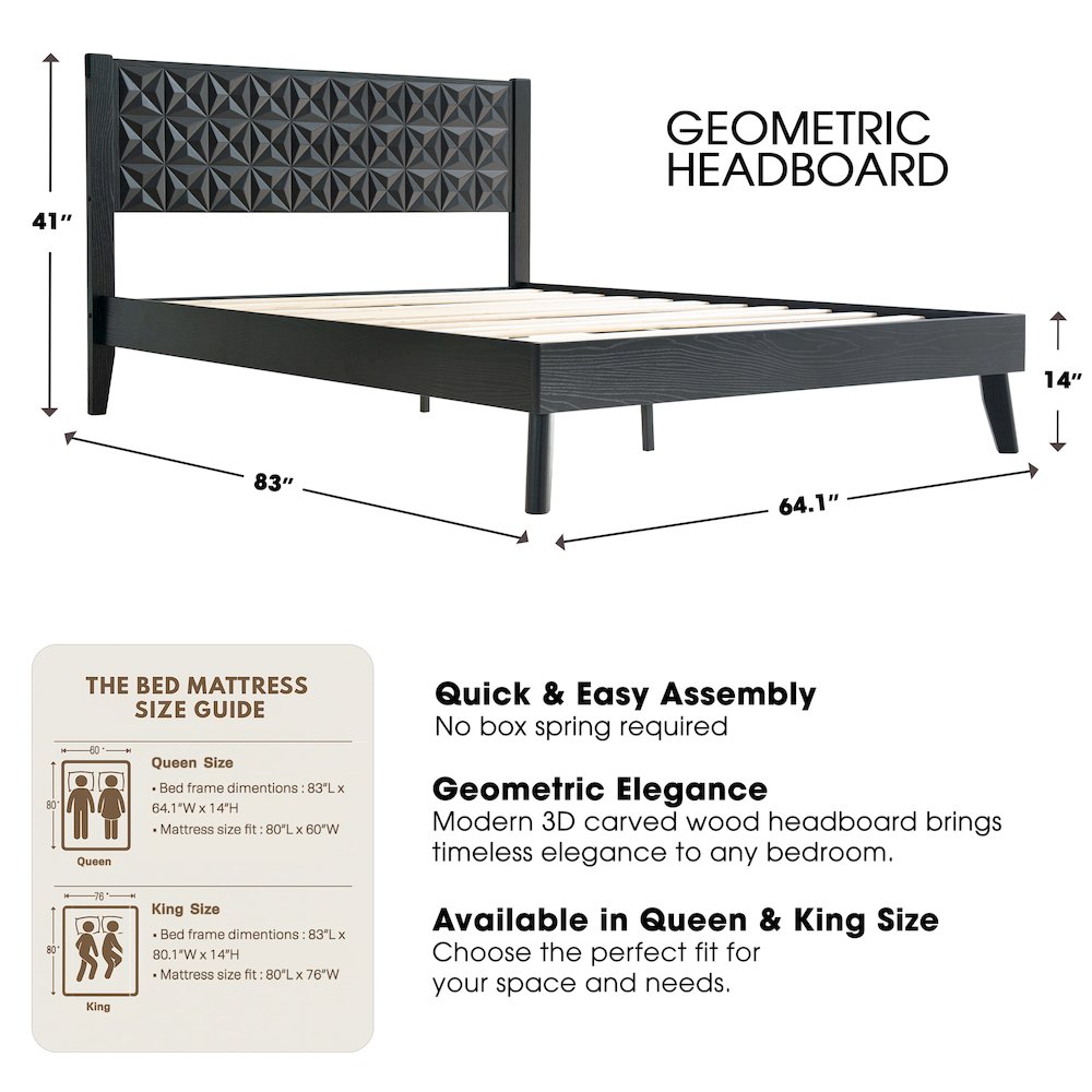 Queen Wooden Platform Bed Frame, Ebony Oak Finish, Morden Style. Picture 2