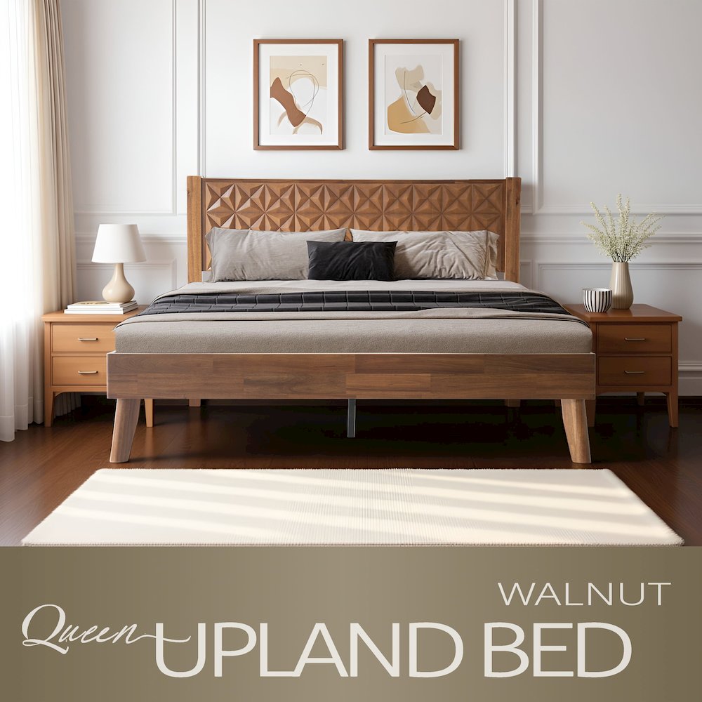 Queen Wooden Platform Bed Frame, Walnut Finish, Morden Style. Picture 6