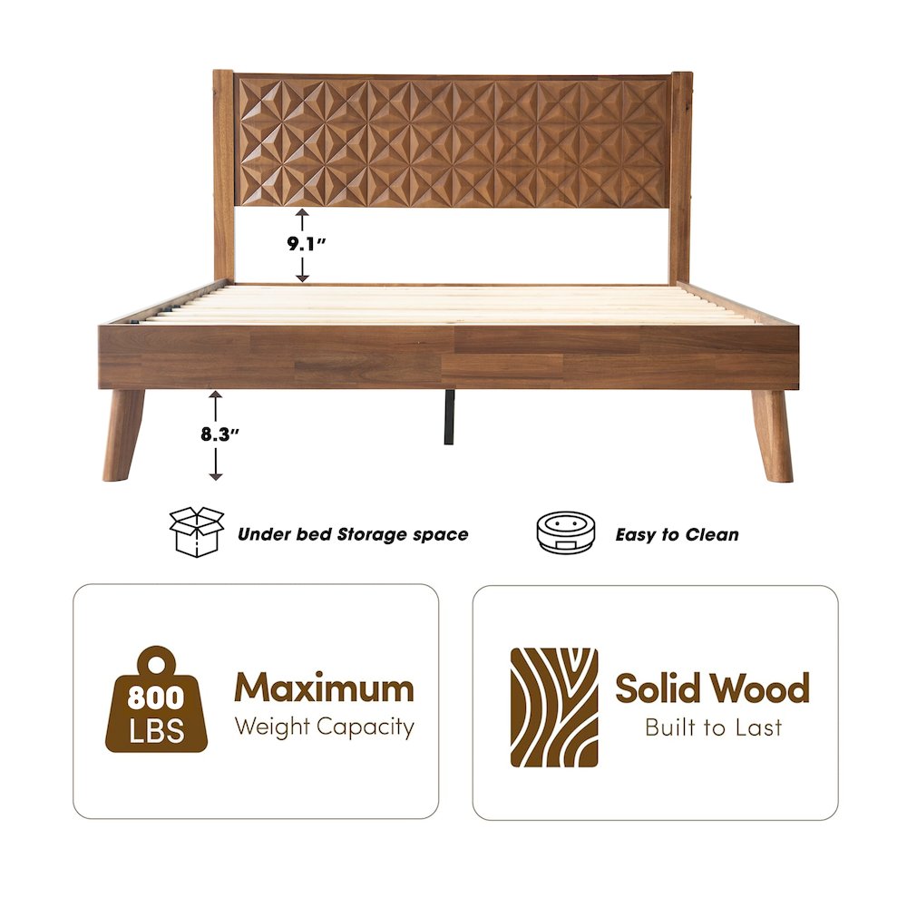 Queen Wooden Platform Bed Frame, Walnut Finish, Morden Style. Picture 1