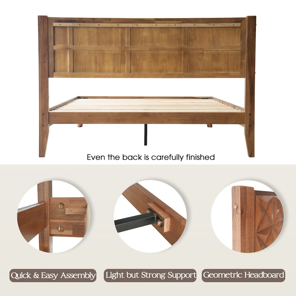 Queen Wooden Platform Bed Frame, Walnut Finish, Morden Style. Picture 4