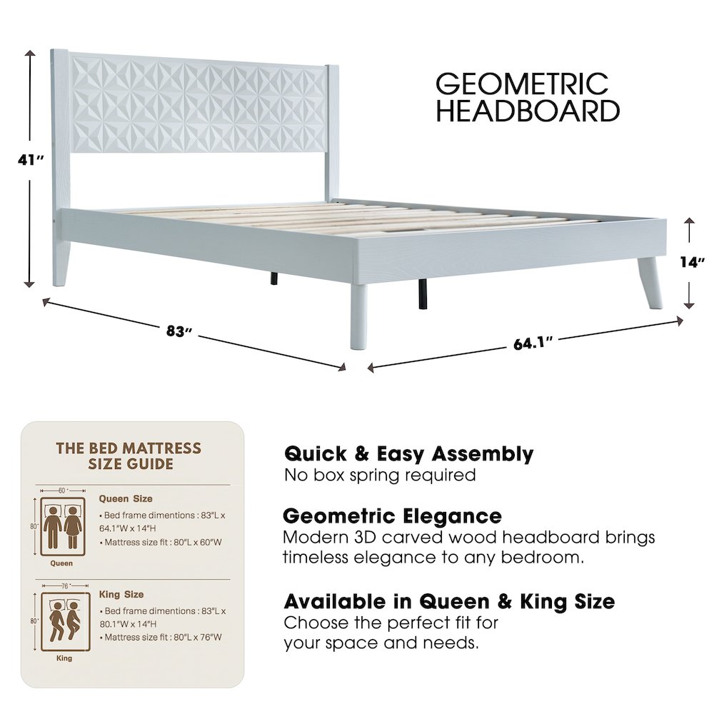 Queen Wooden Platform Bed Frame, Pure White Finish, Morden Style. Picture 2