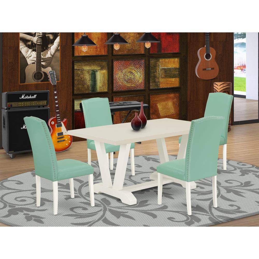 V026EN257-5 5 Pc Dining Room Set Contains a Linen White Dining Table and 4 Pond PU Leather Dining Chairs with High Back - Wire Brushed Linen White Finish. Picture 2