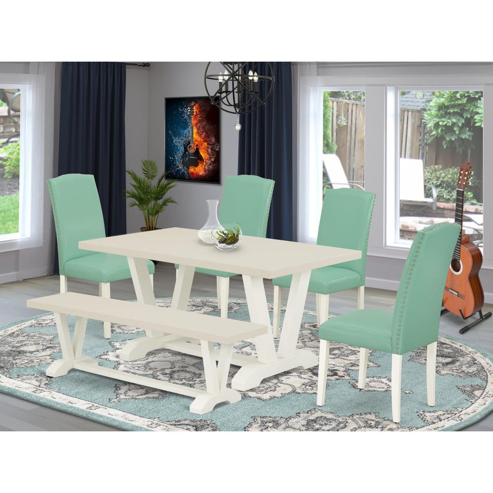 East West Furniture 6 Pc Dining Room Set Contains a Linen White Dining Table and a Mid Century Bench, 4 Pond PU Leather Dining Chairs with High Back - Wire Brushed Linen White Finish. Picture 2