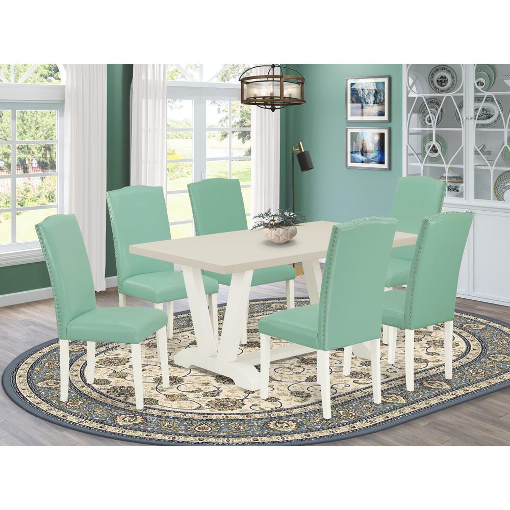 East West Furniture 7 Pc Mid Century Dining Set Consists of a Linen White Wood Table and 6 Pond PU Leather Upholstered Dining Chairs with High Back - Wire Brushed Linen White Finish. Picture 2