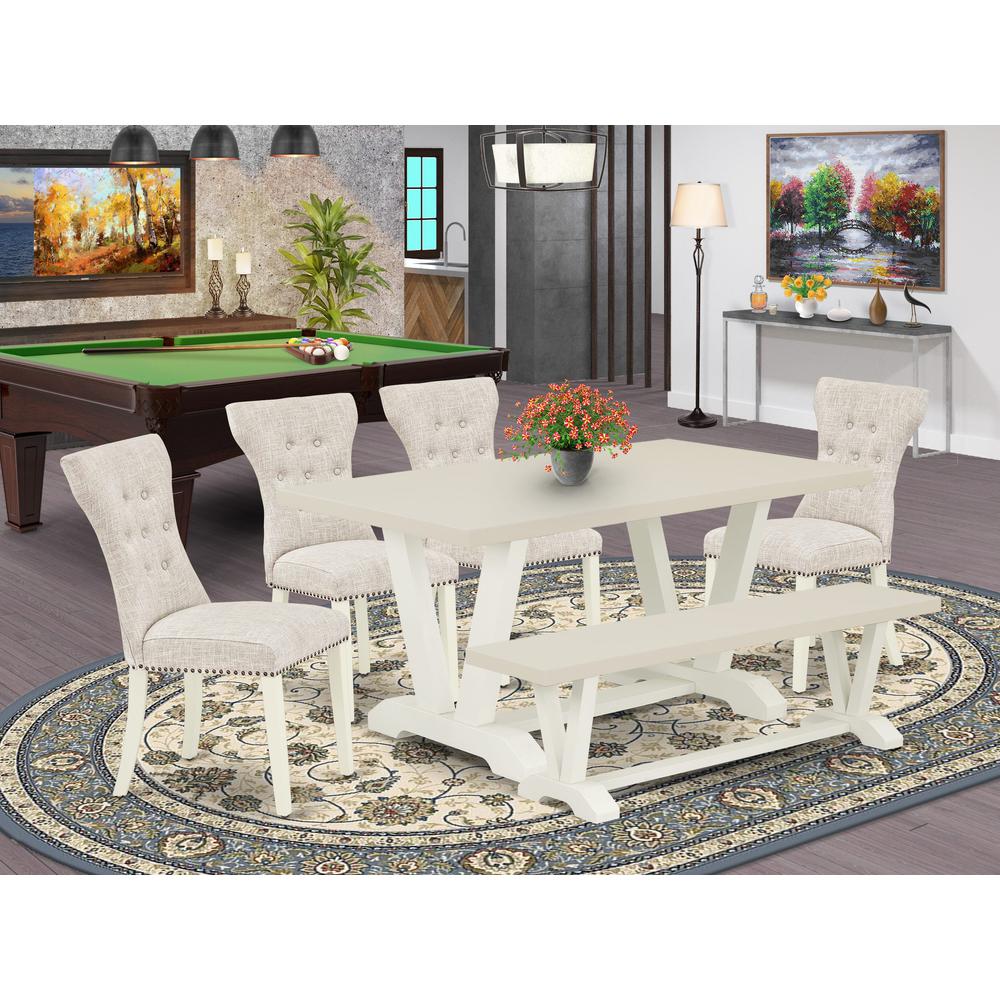 V026GA235-6 6-Piece Kitchen Dinette Set-Doeskin Linen Fabric Seat and Button Tufted Chair Back Parson dining room chairs, A Rectangular Bench and Rectangular top Kitchen Table with Wooden Legs - Linen. Picture 2