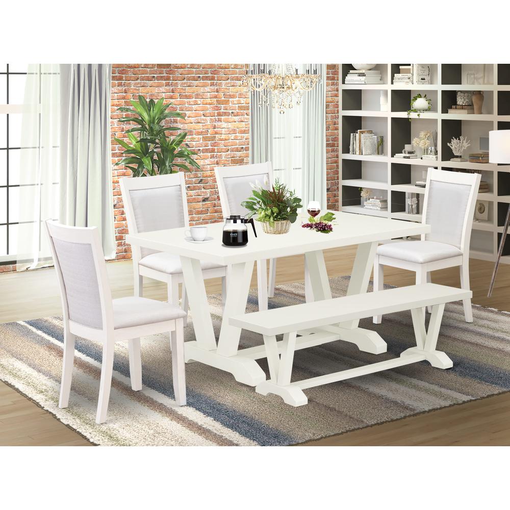 V026MZ001-6 6-Pc Table Set Contains a Dining Table - 4 Cream Dining Chairs and a Wood Bench - Wire Brushed Linen White Finish. Picture 2