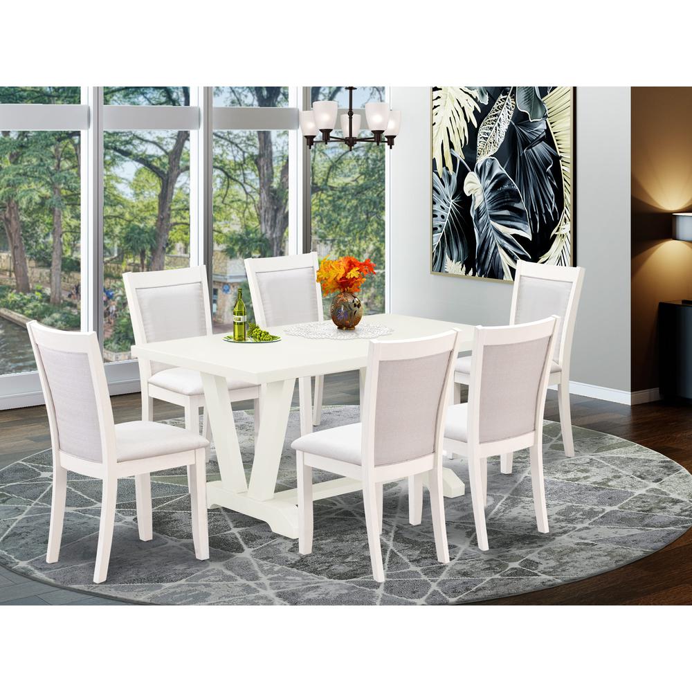 V026MZ001-7 7-Piece Kitchen Dining Table Set Contains a Wooden Table and 6 Cream Dining Chairs - Wire Brushed Linen White Finish. Picture 2