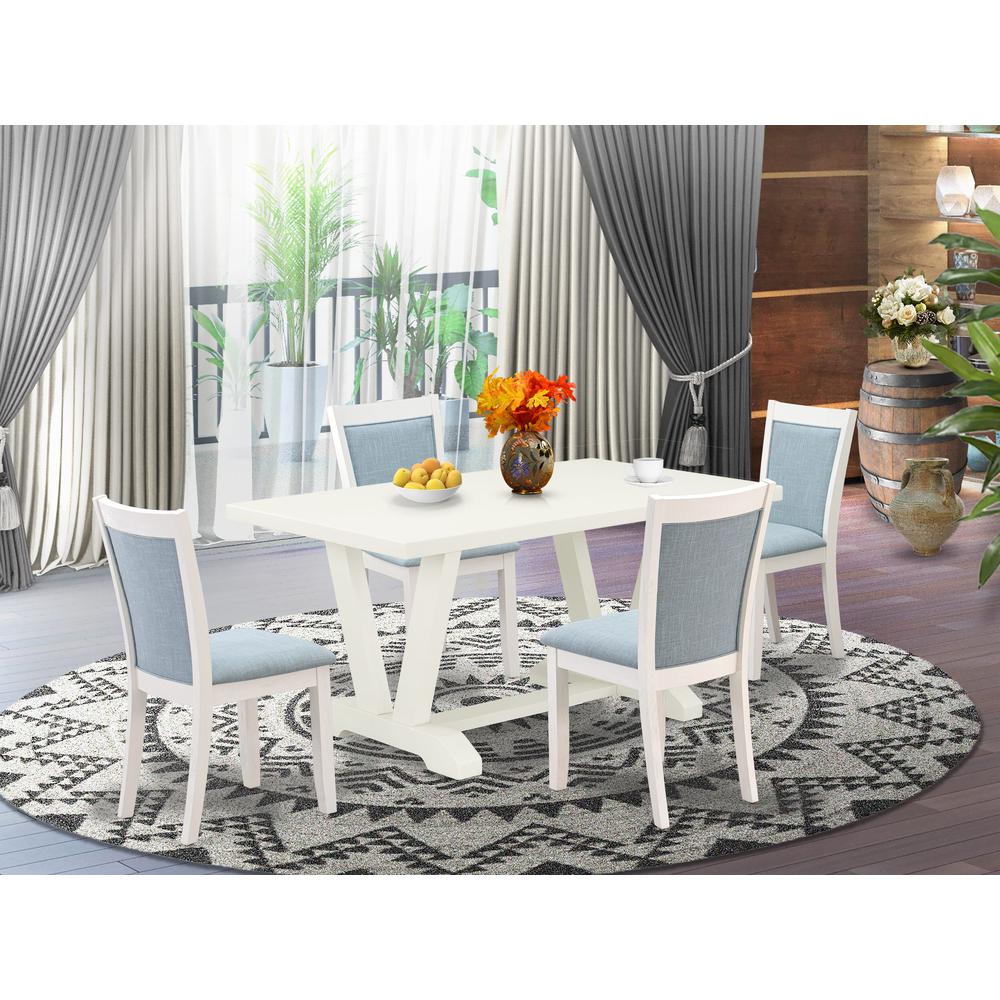V026MZ015-5 5-Piece Dining Room Set Contains a Dining Table and 4 Baby Blue Upholstered Chairs - Wire Brushed Linen White Finish. Picture 2