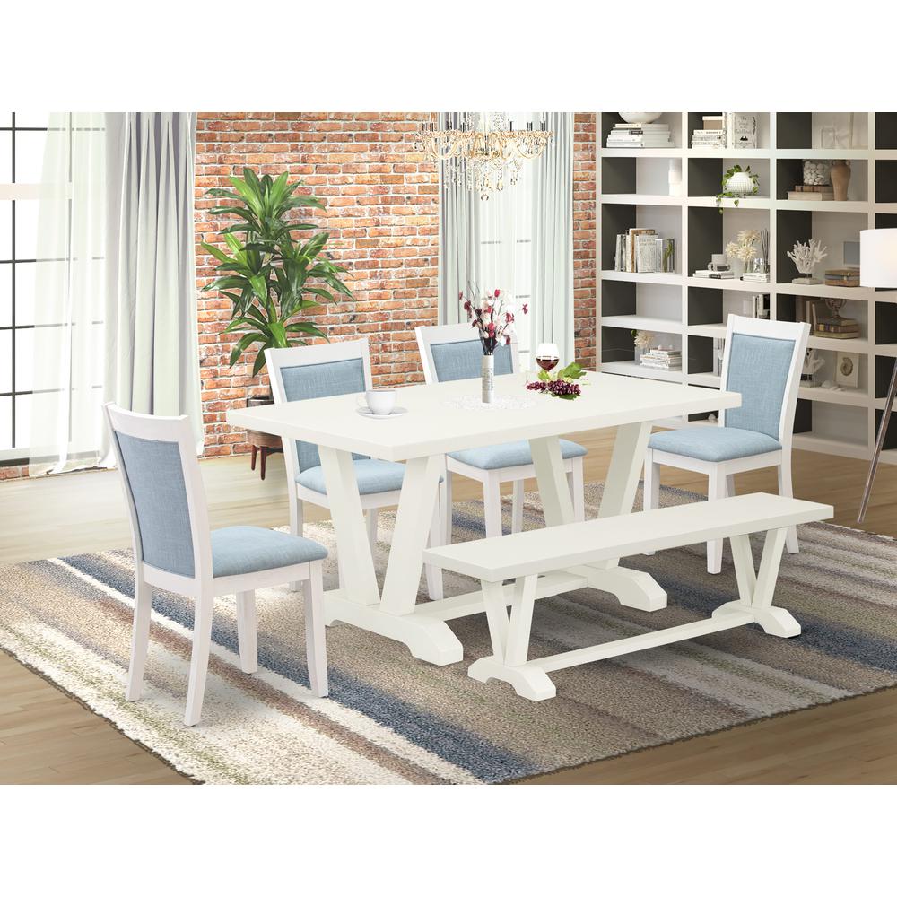 V026MZ015-6 6-Pc Table Set Contains a Wood Table - 4 Baby Blue Parson Chairs and a Small Bench - Wire Brushed Linen White Finish. Picture 2