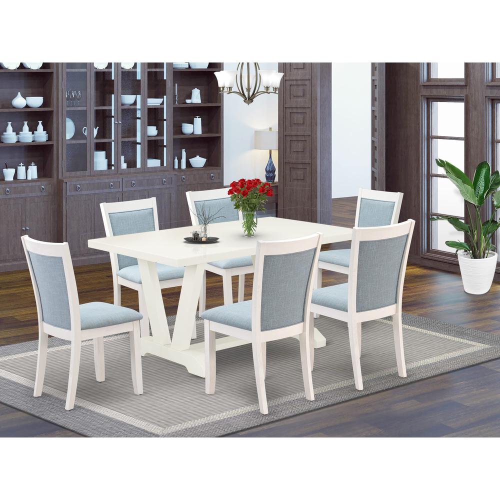 V026MZ015-7 7-Piece Modern Dining Set Contains a Dining Table and 6 Baby Blue Dining Chairs - Wire Brushed Linen White Finish. Picture 2