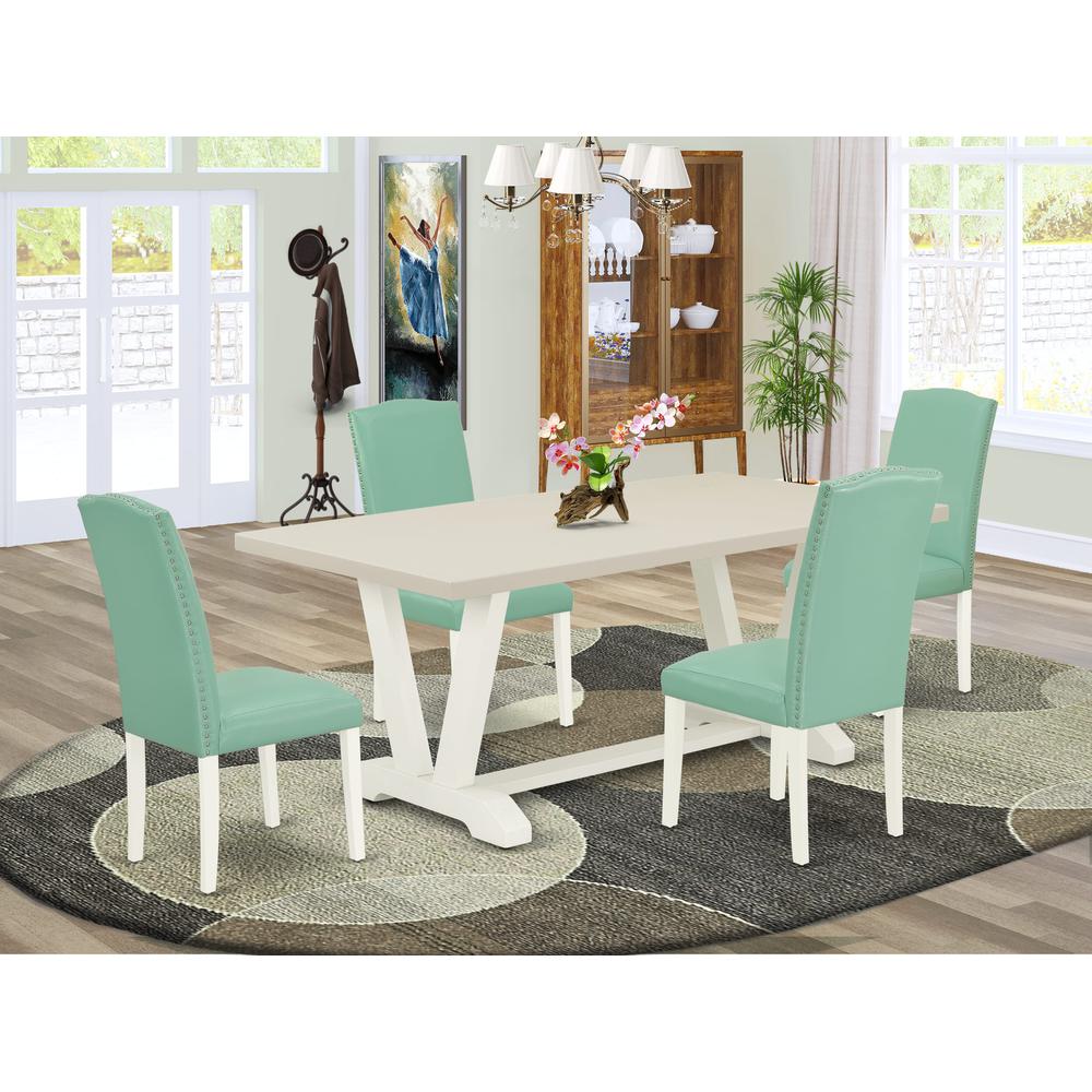 East West Furniture 5 Pc Mid Century Dining Set Consists of a Linen White Wood Table and 4 Pond PU Leather Upholstered Dining Chairs with High Back - Wire Brushed Linen White Finish. Picture 2