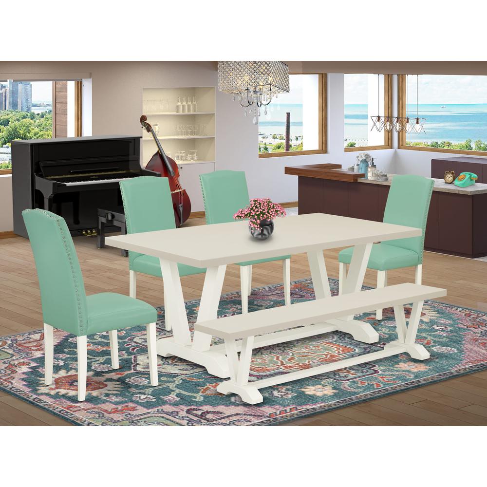 East West Furniture 6 Piece Table Set Consists of a Linen White Wooden Table and a Wooden Dining Bench, 4 Pond PU Leather Dinning Chairs with High Back - Wire Brushed Linen White Finish. Picture 2