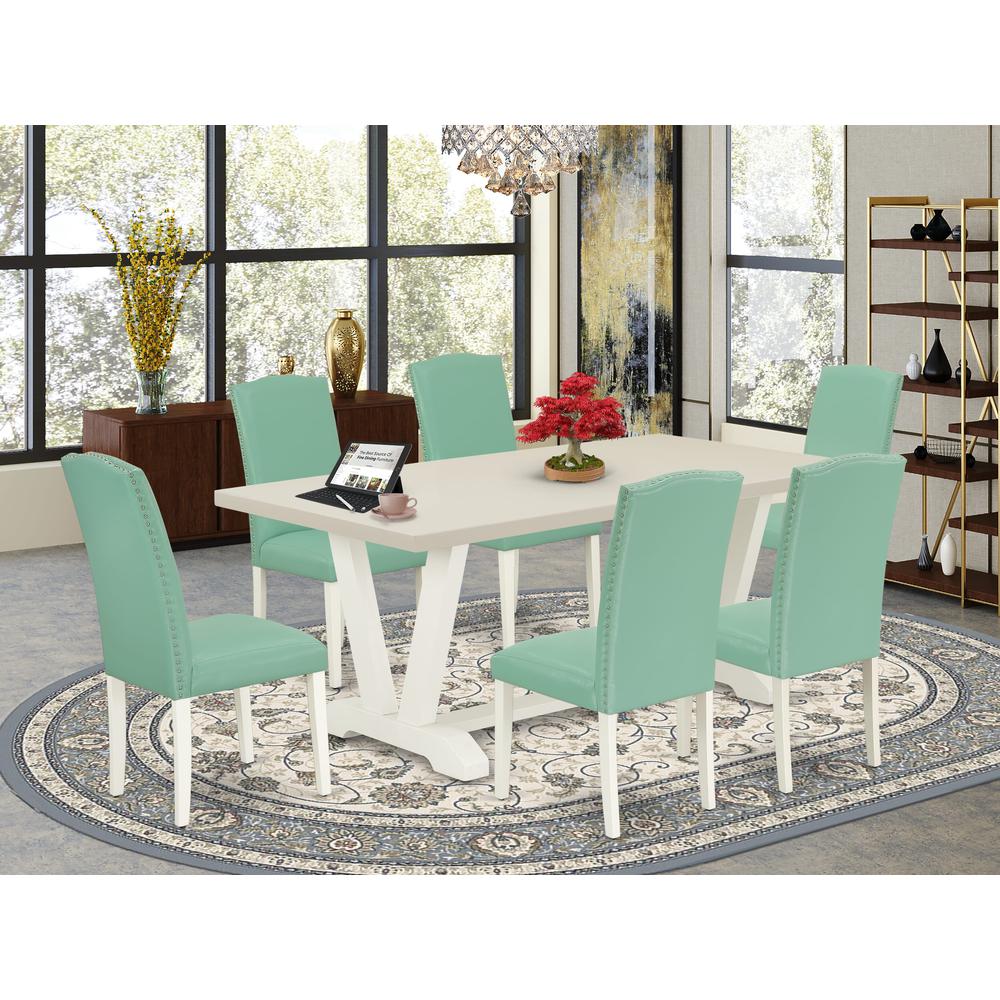 East West Furniture 7 Piece Mid Century Dining Set Contains a Linen White Rectangular Table and 6 Pond PU Leather Upholstered Chairs with High Back - Wire Brushed Linen White Finish. Picture 2