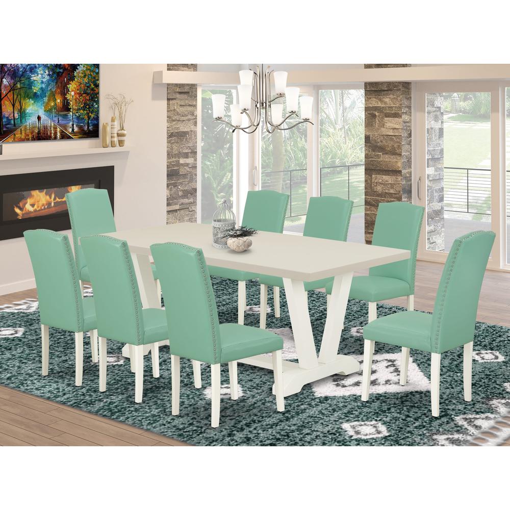 East West Furniture 9 Piece Kitchen Table Set Includes a Linen White Wooden Dining Table and 8 Pond PU Leather Dining Room Chairs with High Back - Wire Brushed Linen White Finish. Picture 2