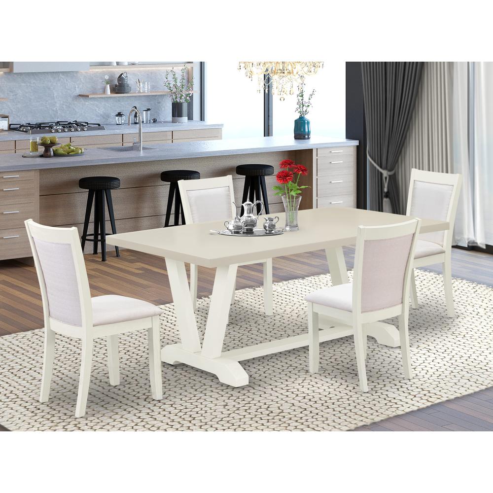 East West Furniture 5-Pc Modern Dining Set Includes a Mid Century Dining Table and 4 Cream Linen Fabric Upholstered Chairs with Stylish Back - Wire Brushed Linen White Finish. Picture 2