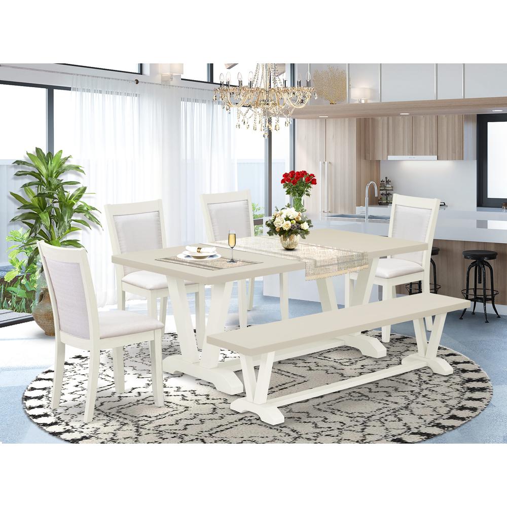 East West Furniture 6-Pc Modern Dining Set Includes a Dinner Table - 4 Cream Linen Fabric Padded Chairs with Stylish Back and a Dining Room Bench - Wire Brushed Linen White Finish. Picture 2