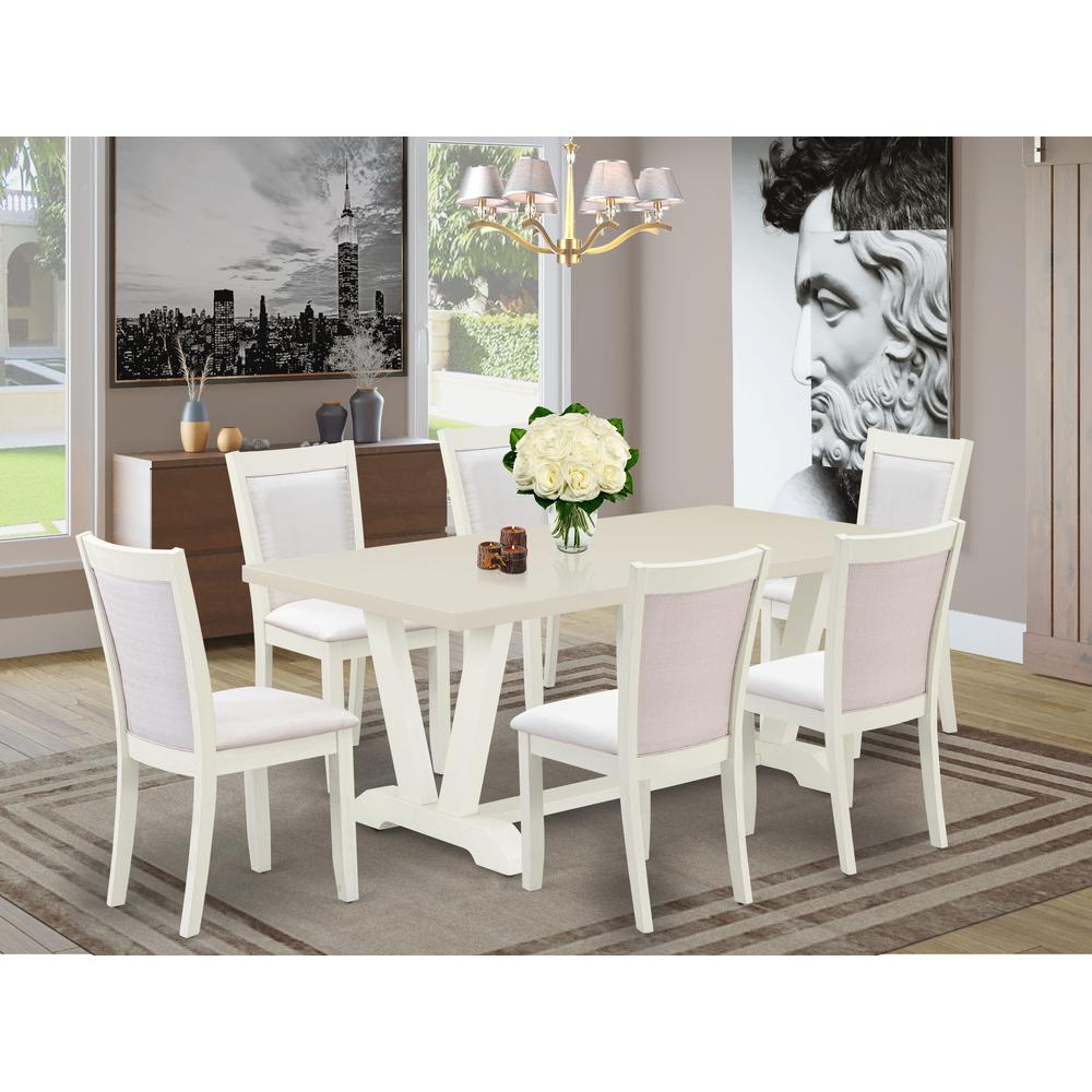 East West Furniture 7-Pc Dinner Table Set Includes a Modern Dining Table and 6 Cream Linen Fabric Dining Chairs with Stylish Back - Wire Brushed Linen White Finish. Picture 2