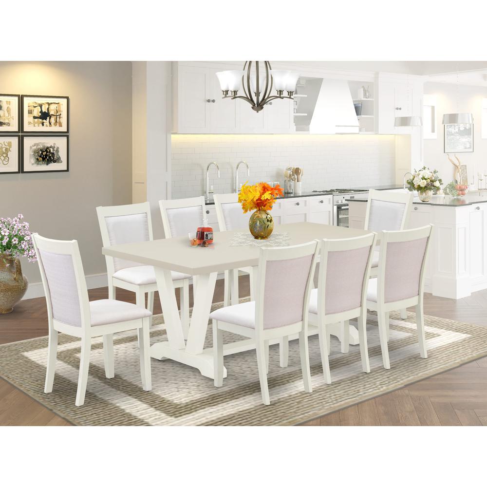 East West Furniture 9-Pc Dinette Set Includes a Wooden Table and 8 Cream Linen Fabric Dining Chairs with Stylish Back - Wire Brushed Linen White Finish. Picture 2