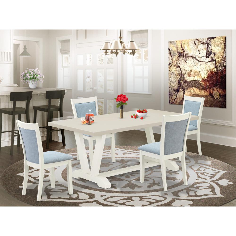 East West Furniture 5-Pc Table Set Includes a Dining Table and 4 Baby Blue Linen Fabric Dinning Room Chairs with Stylish Back - Wire Brushed Linen White Finish. Picture 2