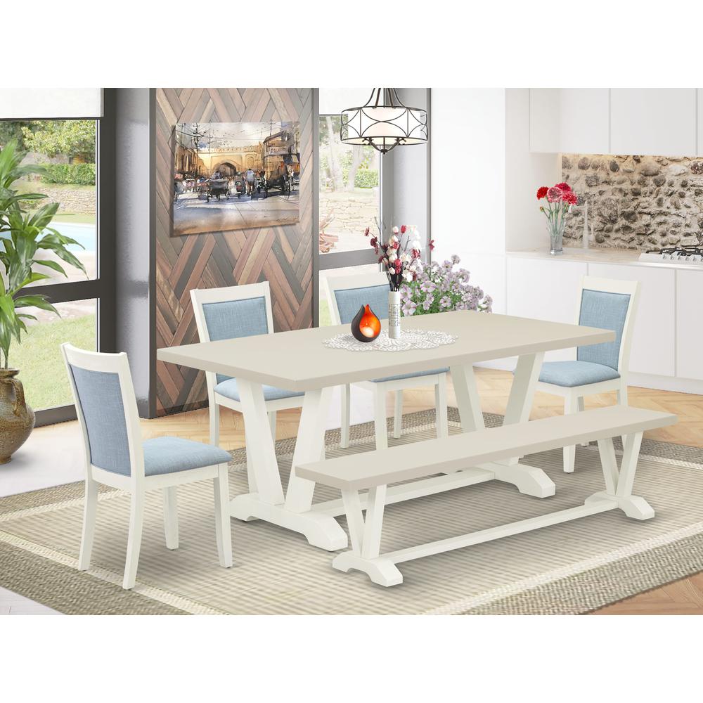 East West Furniture 6-Pc Table Set Includes a Wood Dining Table - 4 Baby Blue Linen Fabric Upholstered Chairs with Stylish Back and a Wood Bench - Wire Brushed Linen White Finish. Picture 2