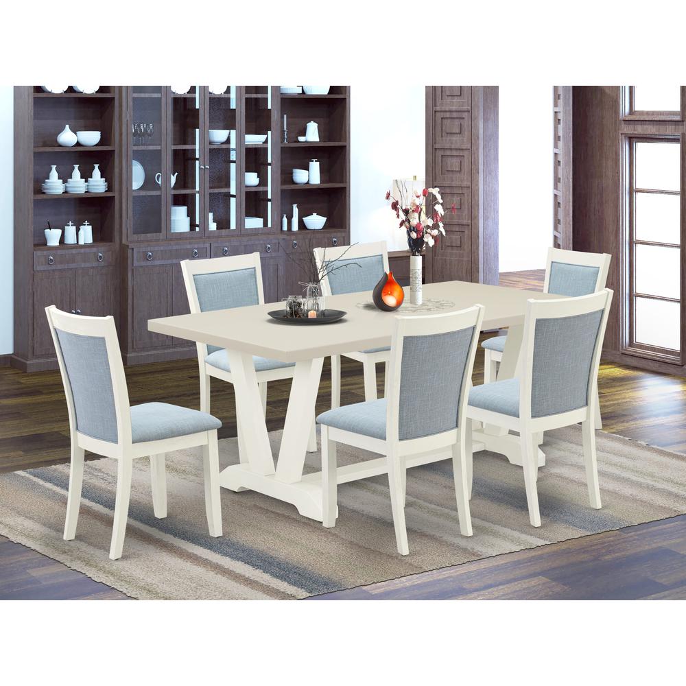 East West Furniture 7-Pc Kitchen Dining Table Set Includes a Dinning Table and 6 Baby Blue Linen Fabric Dining Chairs with Stylish Back - Wire Brushed Linen White Finish. Picture 2