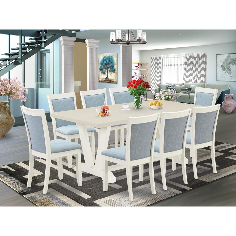 East West Furniture 9-Pc Dining Room Table Set Includes a Rectangular Table and 8 Baby Blue Linen Fabric Dining Chairs with Stylish Back - Wire Brushed Linen White Finish. Picture 2