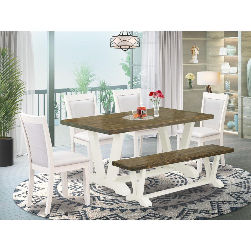 V076MZ001-6 6-Pc Table Set Consists of a Dining Table - 4 Cream Parson Chairs and a Small Bench - Wire Brushed Linen White Finish. Picture 2