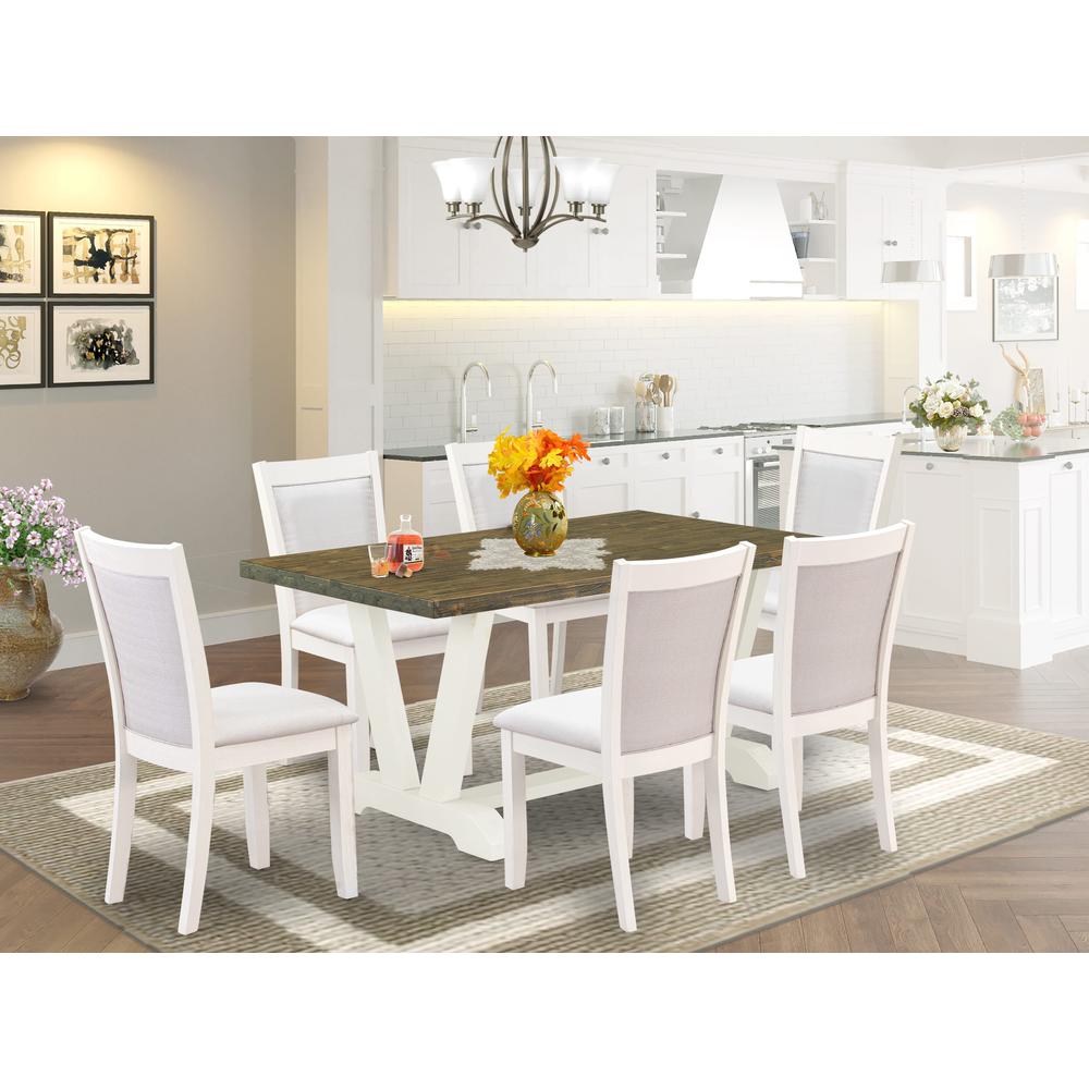 V076MZ001-7 7-Piece Dining Room Table Set Consists of a Wooden Table and 6 Cream Dinner Chairs - Wire Brushed Linen White Finish. Picture 2