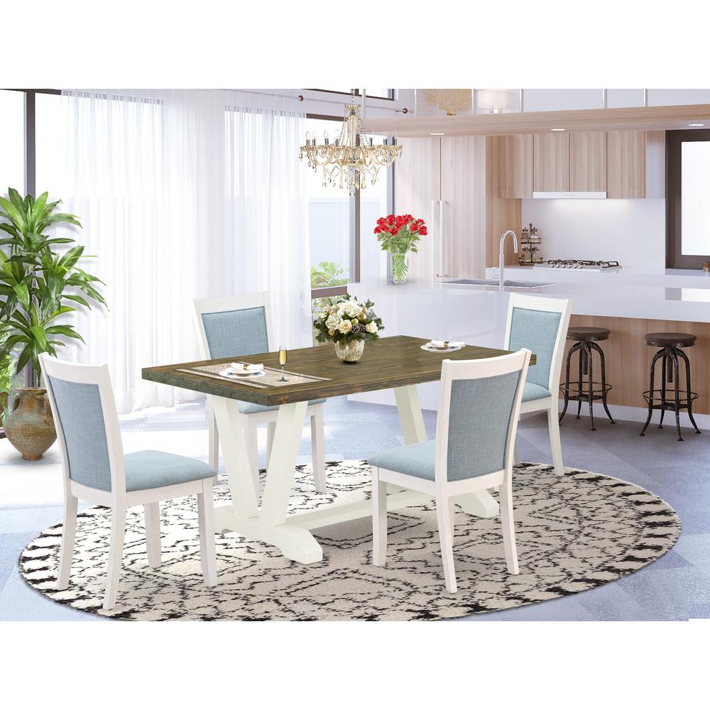 V076MZ015-5 5-Piece Modern Dining Set Consists of a Dining Table and 4 Baby Blue Parson Chairs - Wire Brushed Linen White Finish. Picture 2