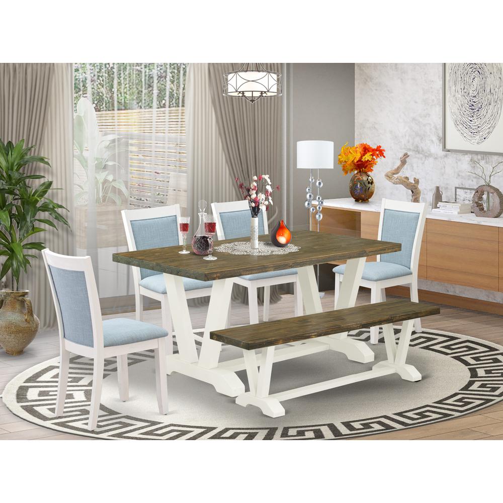 V076MZ015-6 6-Pc Dining Set Consists of a Wood Table - 4 Baby Blue Parson Chairs and a Bench - Wire Brushed Linen White Finish. Picture 2