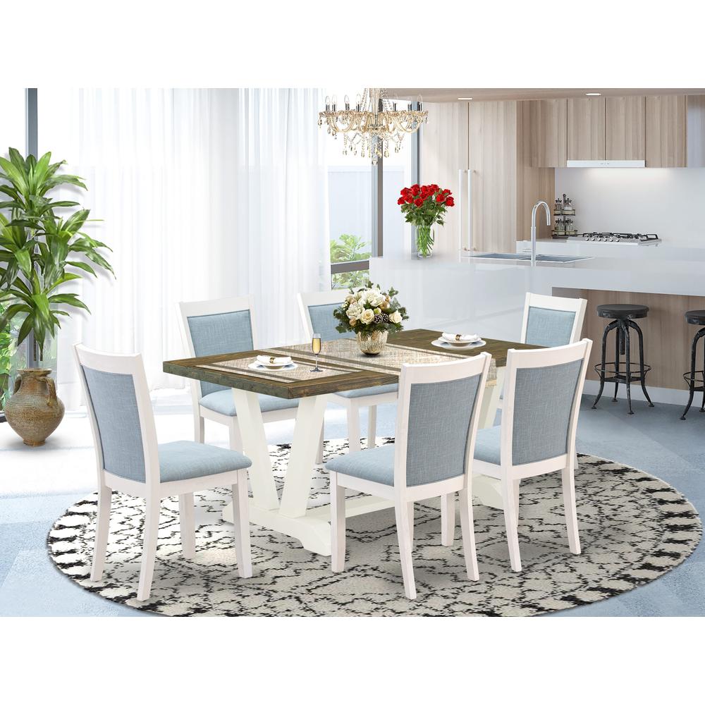 V076MZ015-7 7-Piece Dinner Table Set Consists of a Wooden Table and 6 Baby Blue Dining Chairs - Wire Brushed Linen White Finish. Picture 2
