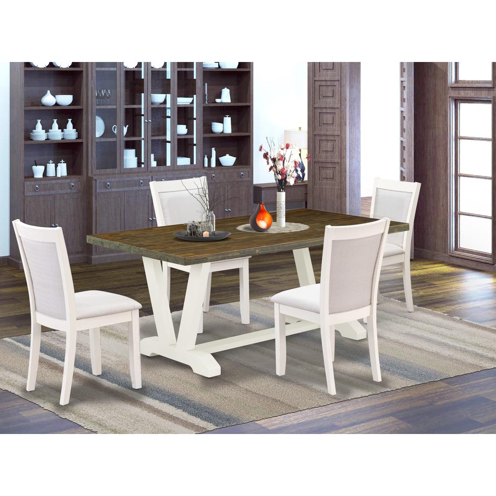 East West Furniture 5-Pc Dinner Table Set Contains a Rectangular Table and 4 Cream Linen Fabric Dining Chairs with Stylish Back - Wire Brushed Linen White Finish. Picture 2