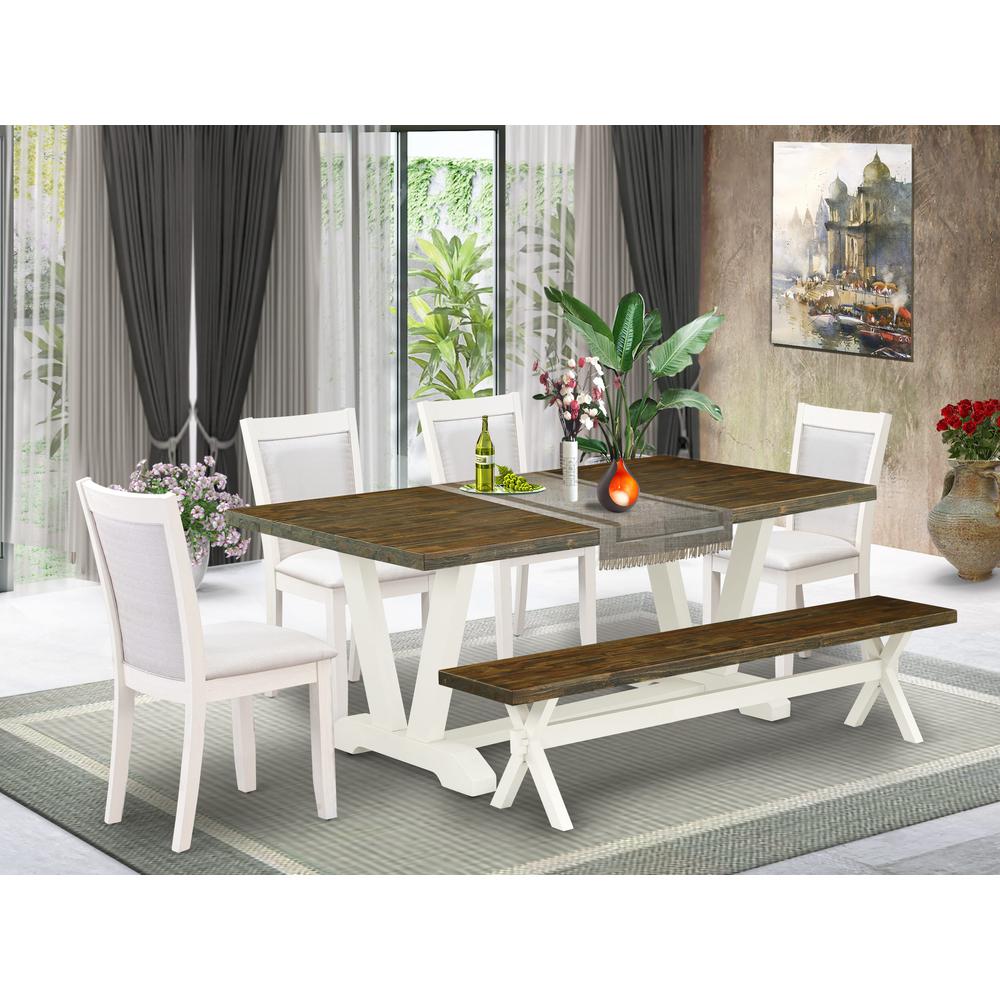 East West Furniture 6-Pc Dinner Table Set Contains a Wood Table - 4 Cream Linen Fabric Dining Chairs with Stylish Back and a Wood Bench - Wire Brushed Linen White Finish. Picture 2
