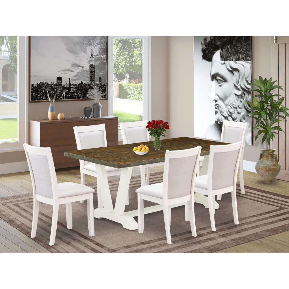 East West Furniture 7-Pc Dinette Set Contains a Wood Dining Table and 6 Cream Linen Fabric Parson Chairs with Stylish Back - Wire Brushed Linen White Finish. Picture 2