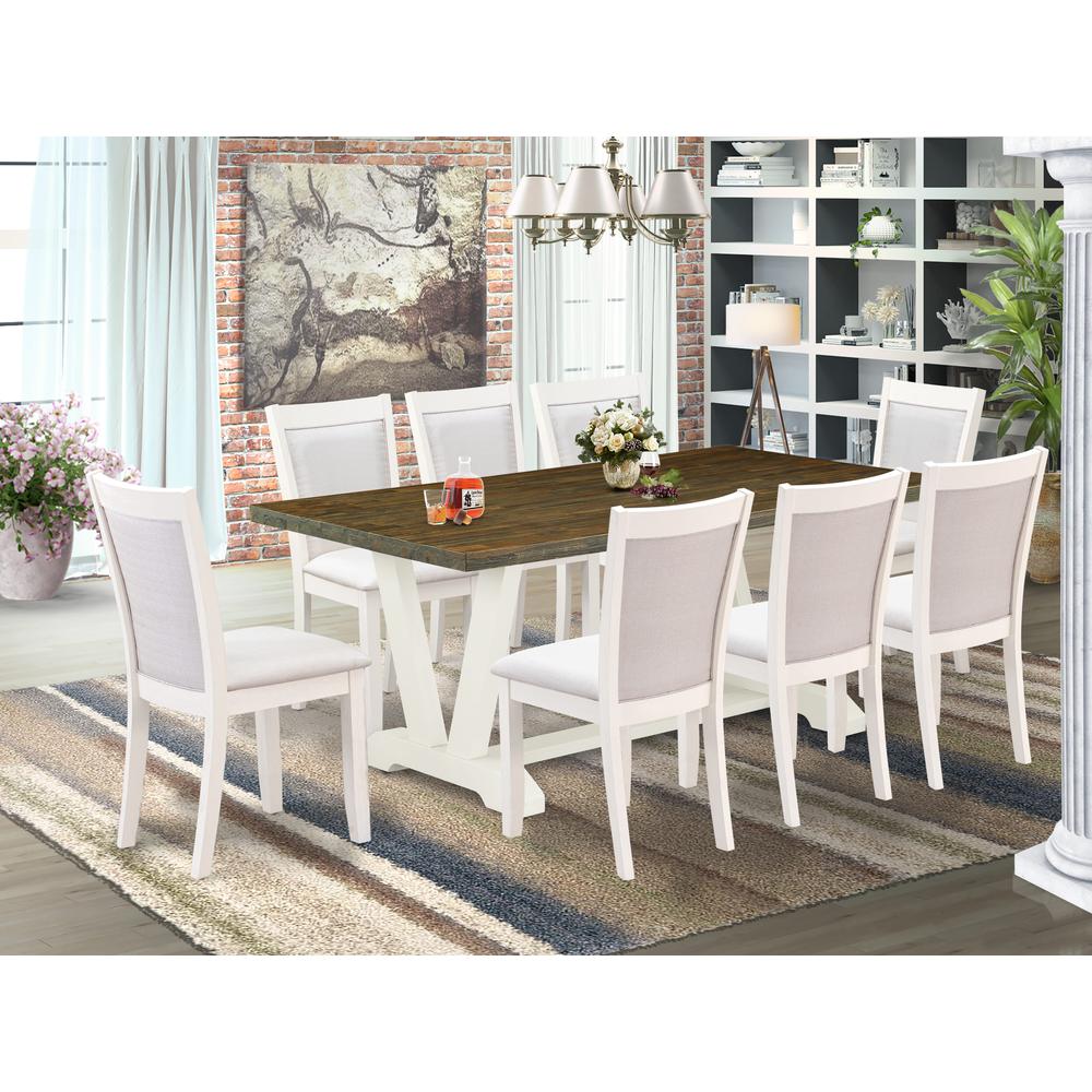 East West Furniture 9-Pc Dining Set Contains a Dining Table and 8 Cream Linen Fabric Dining Room Chairs with Stylish Back - Wire Brushed Linen White Finish. Picture 2