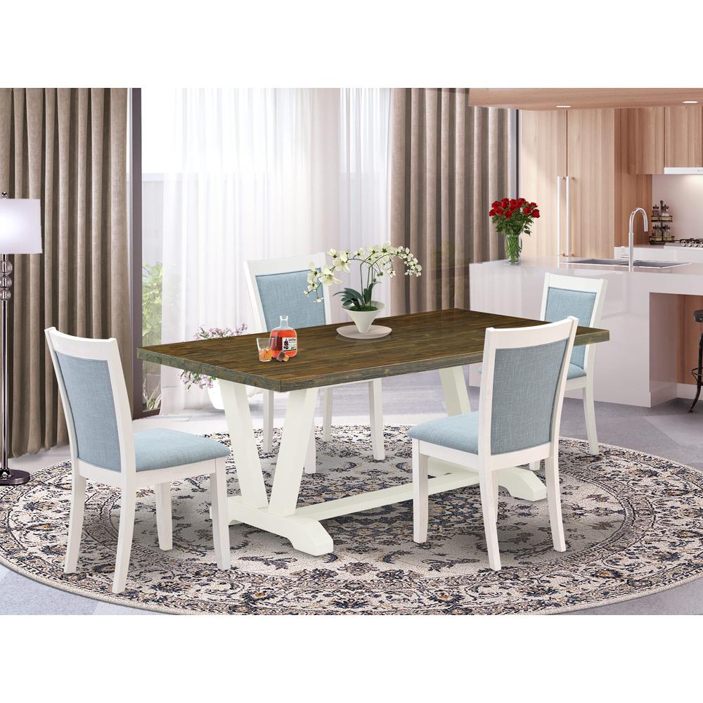 East West Furniture 5-Pc Kitchen Dining Table Set Contains a Dining Table and 4 Baby Blue Linen Fabric Upholstered Chairs with Stylish Back - Wire Brushed Linen White Finish. Picture 2