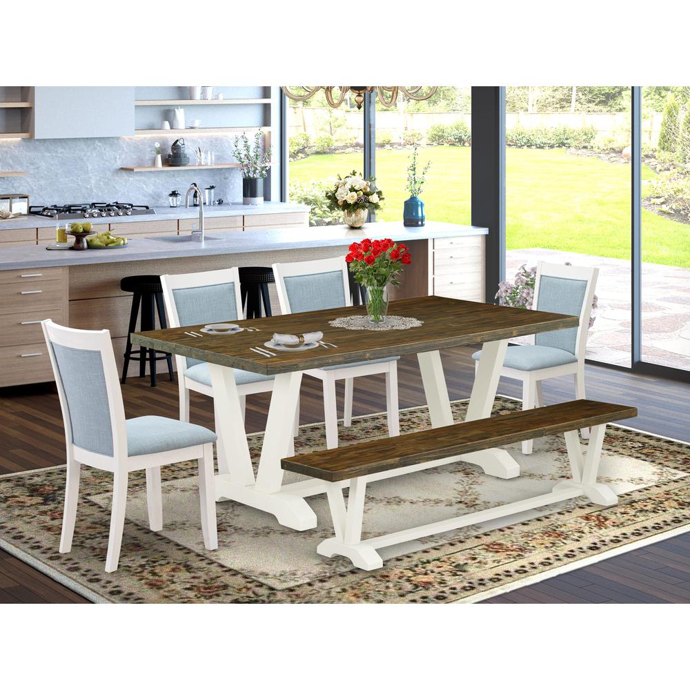 East West Furniture 6-Pc Kitchen Table Set Contains a Wooden Dining Table - 4 Baby Blue Linen Fabric Dining Chairs with Stylish Back and a Wood Bench - Wire Brushed Linen White Finish. Picture 2