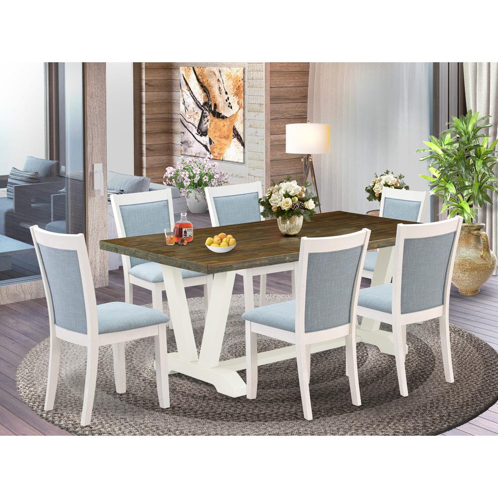 East West Furniture 7-Pc Dining Room Table Set Contains A Dining Table and 6 Baby Blue Linen Fabric Dining Room Chairs with Stylish Back - Wire, image size:1000x1000