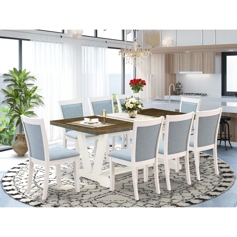 East West Furniture 9-Pc Dining Table Set Contains a Modern Table and 8 Baby Blue Linen Fabric Dining Chairs with Stylish Back - Wire Brushed Linen White Finish. Picture 2