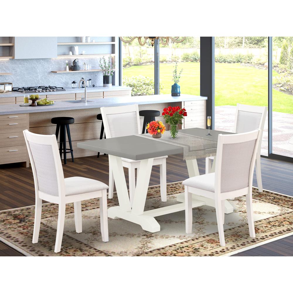 East West Furniture 5-Piece Dining Room Table Set Includes a Wood Dining Table and 4 Cream Linen Fabric Upholstered Chairs with Stylish Back - Wire Brushed Linen White Finish. Picture 2