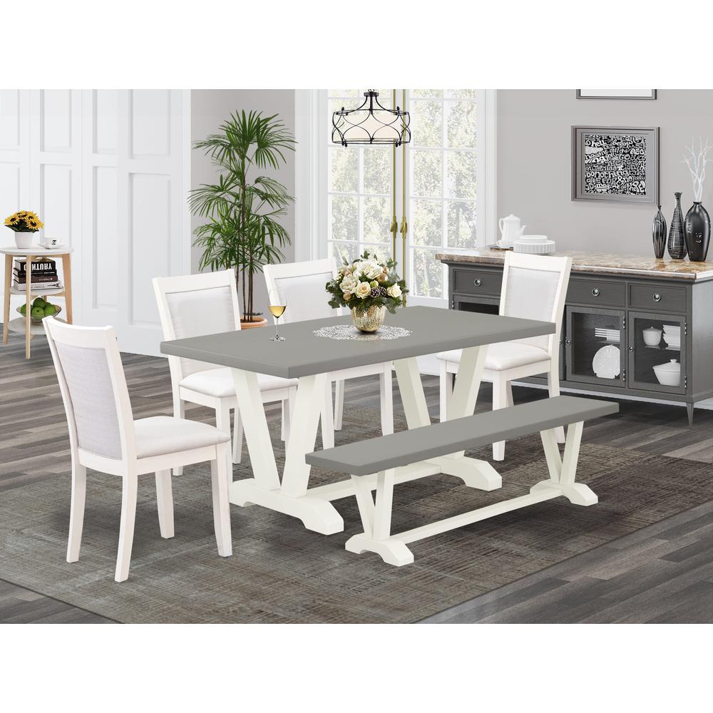 East West Furniture 6-Piece Dining Table Set Includes a Wood Dining Table - 4 Cream Linen Fabric Upholstered Chairs with Stylish Back and a Small Bench - Wire Brushed Linen White Finish. Picture 2