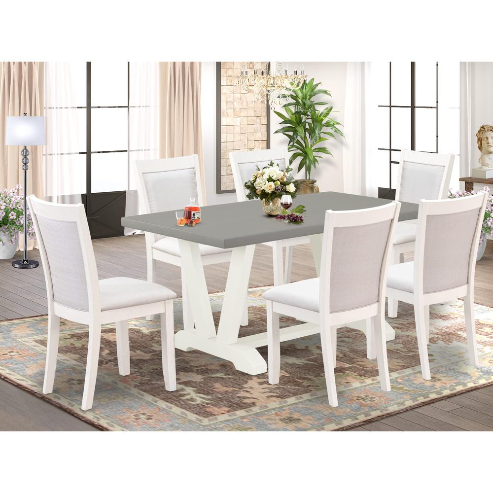 East West Furniture 7-Piece Dining Table Set Includes a Rectangular Dining Table and 6 Cream Linen Fabric Kitchen Chairs with Stylish Back - Wire Brushed Linen White Finish. Picture 2