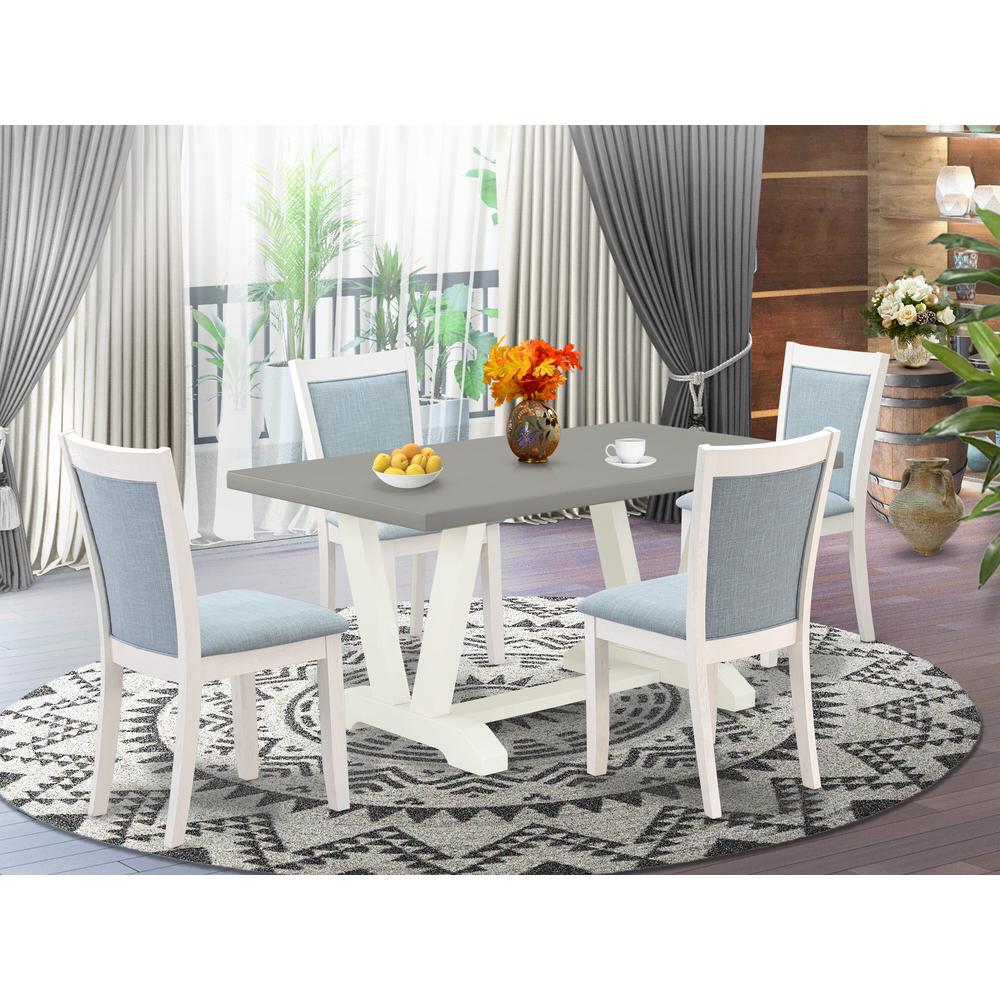 East West Furniture 5-Piece Dinner Table Set Includes a Kitchen Table and 4 Baby Blue Linen Fabric Dining Chairs with Stylish Back - Wire Brushed Linen White Finish. Picture 2