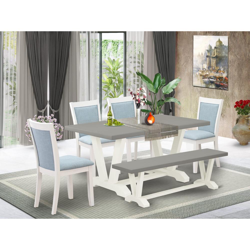 East West Furniture 6-Piece Dinner Table Set Includes a Modern Table - 4 Baby Blue Linen Fabric Dining Chairs with Stylish Back and a Small Bench - Wire Brushed Linen White Finish. Picture 2