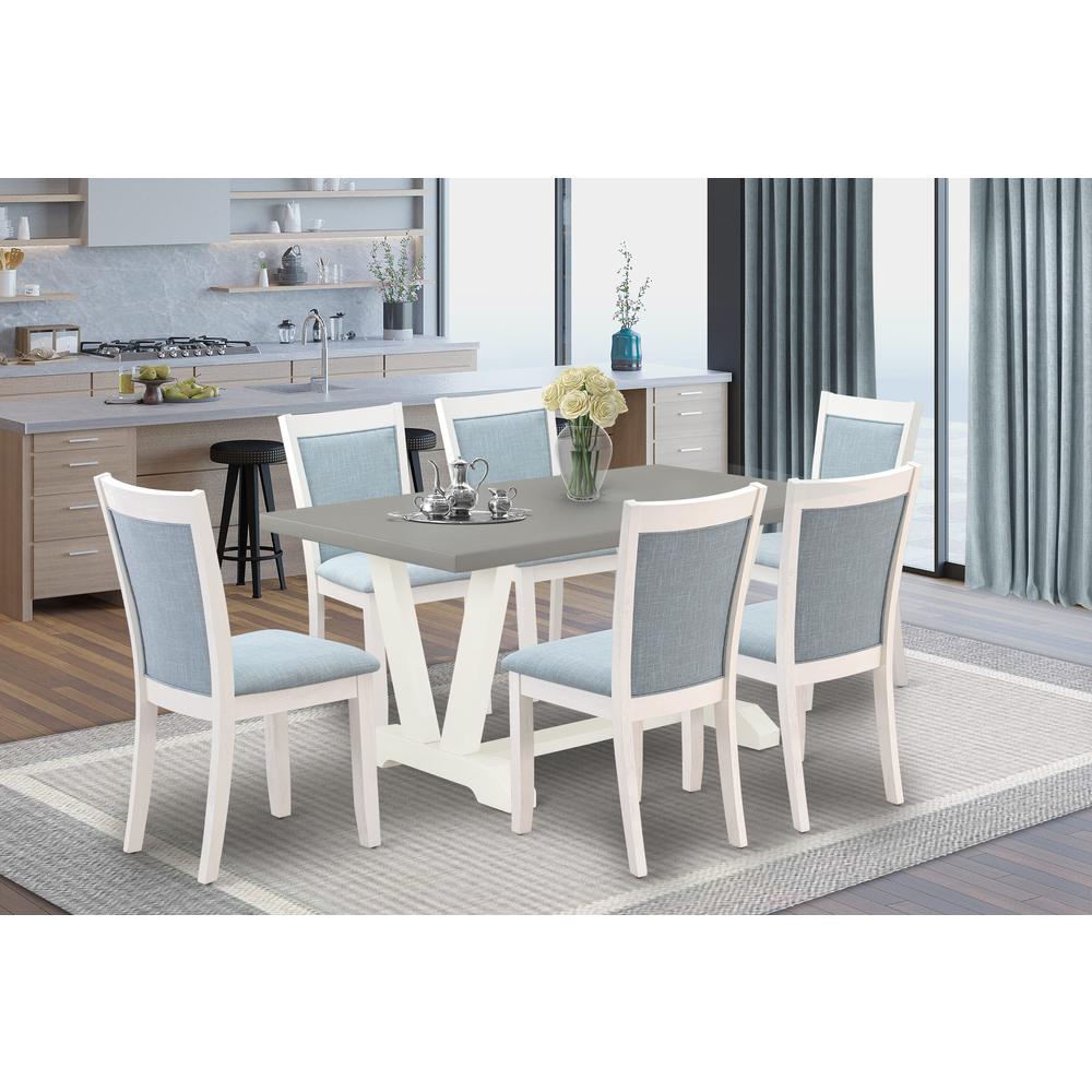 East West Furniture 7-Piece Dinette Set Includes a Modern Dining Table and 6 Baby Blue Linen Fabric Parsons Chairs with Stylish Back - Wire Brushed Linen White Finish. Picture 2