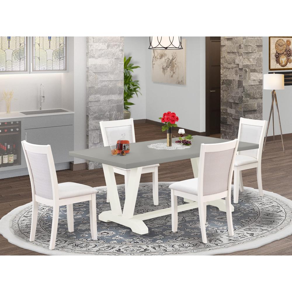 East West Furniture 5-Pc Dinette Set Consists of a Mid Century Table and 4 Cream Linen Fabric Dining Chairs with Stylish Back - Wire Brushed Linen White Finish. Picture 2