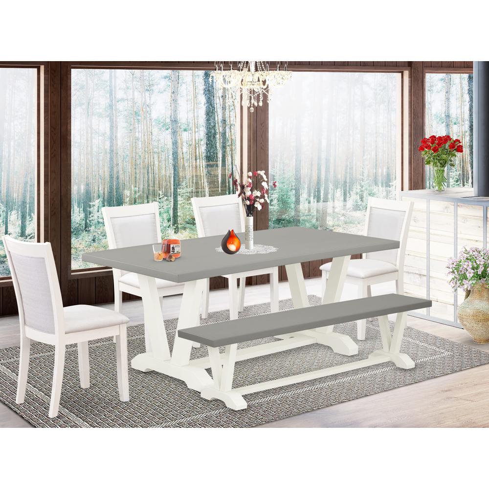 East West Furniture 6-Pc Dinette Set Consists of a Wooden Table - 4 Cream Linen Fabric Parson Chairs with Stylish Back and a Wooden Bench - Wire Brushed Linen White Finish. Picture 2